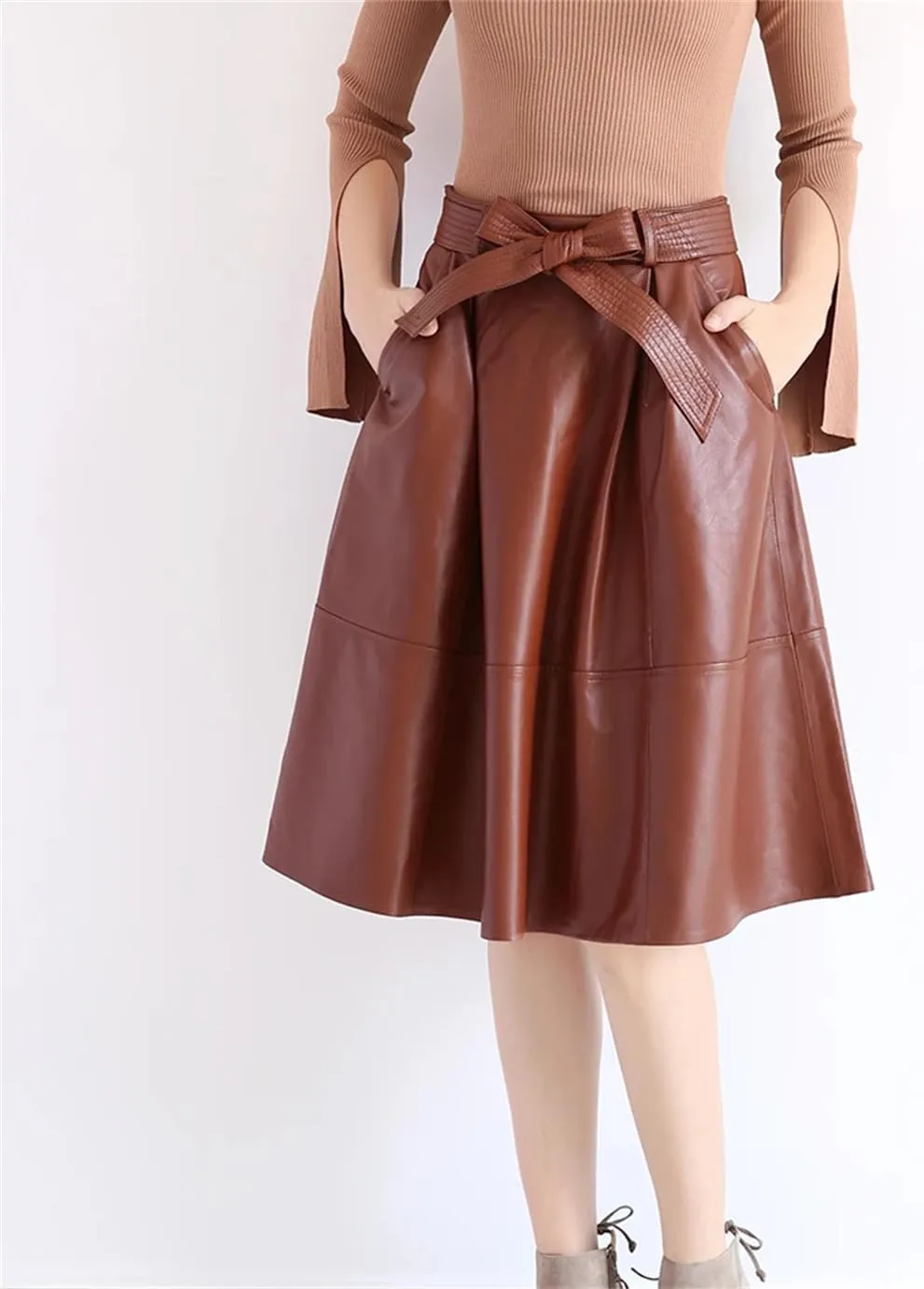 Womens Autumn Winter Leather Midi Skirt Loose High Waist Bow Belt Retro Red Pleated A-Line Skirt