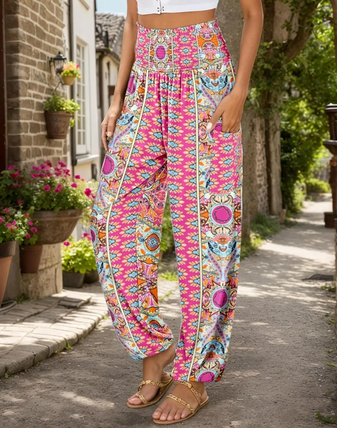Womens Boho Floral Harem Pants Elastic High Waist Casual Loose Long Pants Summer Beach Pants with Pockets