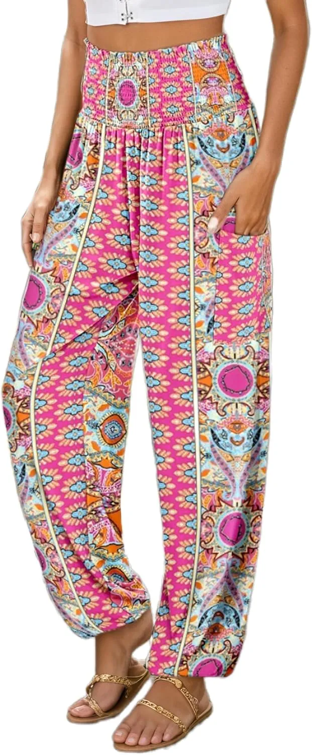 Womens Boho Floral Harem Pants Elastic High Waist Casual Loose Long Pants Summer Beach Pants with Pockets