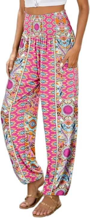 Womens Boho Floral Harem Pants Elastic High Waist Casual Loose Long Pants Summer Beach Pants with Pockets