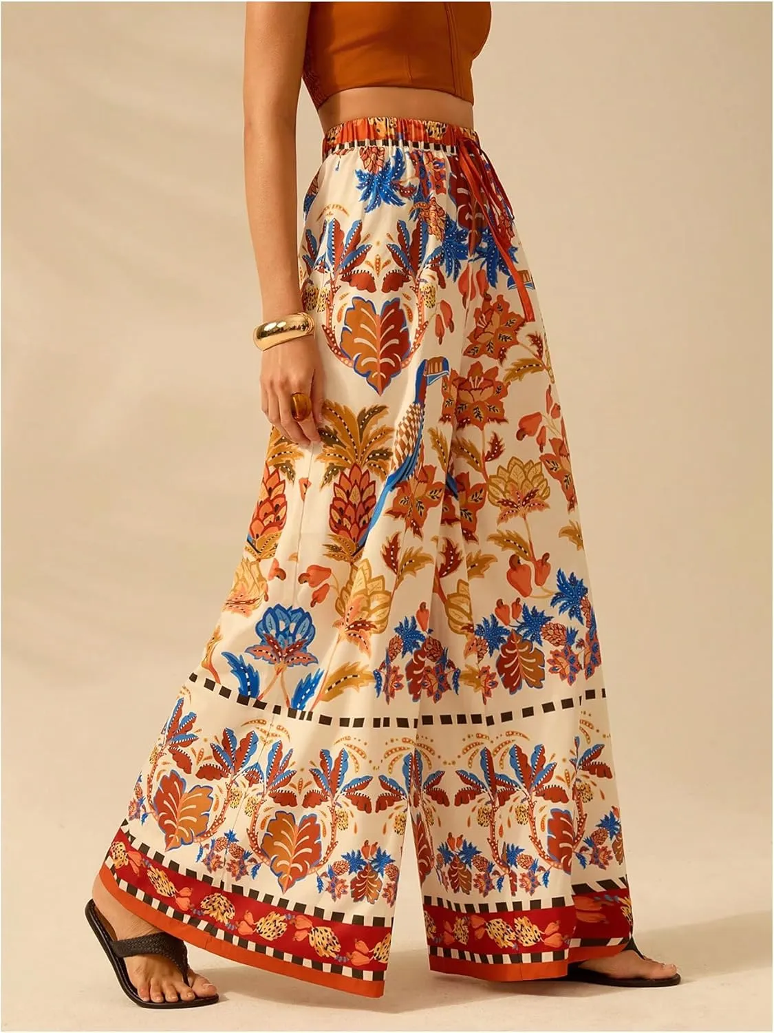 Women's Boho Palazzo Pants Floral Baggy Pants Flowy Vacation Wide Leg Pants Drawstring Beach High Waist Loose Trouser