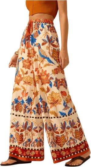 Women's Boho Palazzo Pants Floral Baggy Pants Flowy Vacation Wide Leg Pants Drawstring Beach High Waist Loose Trouser