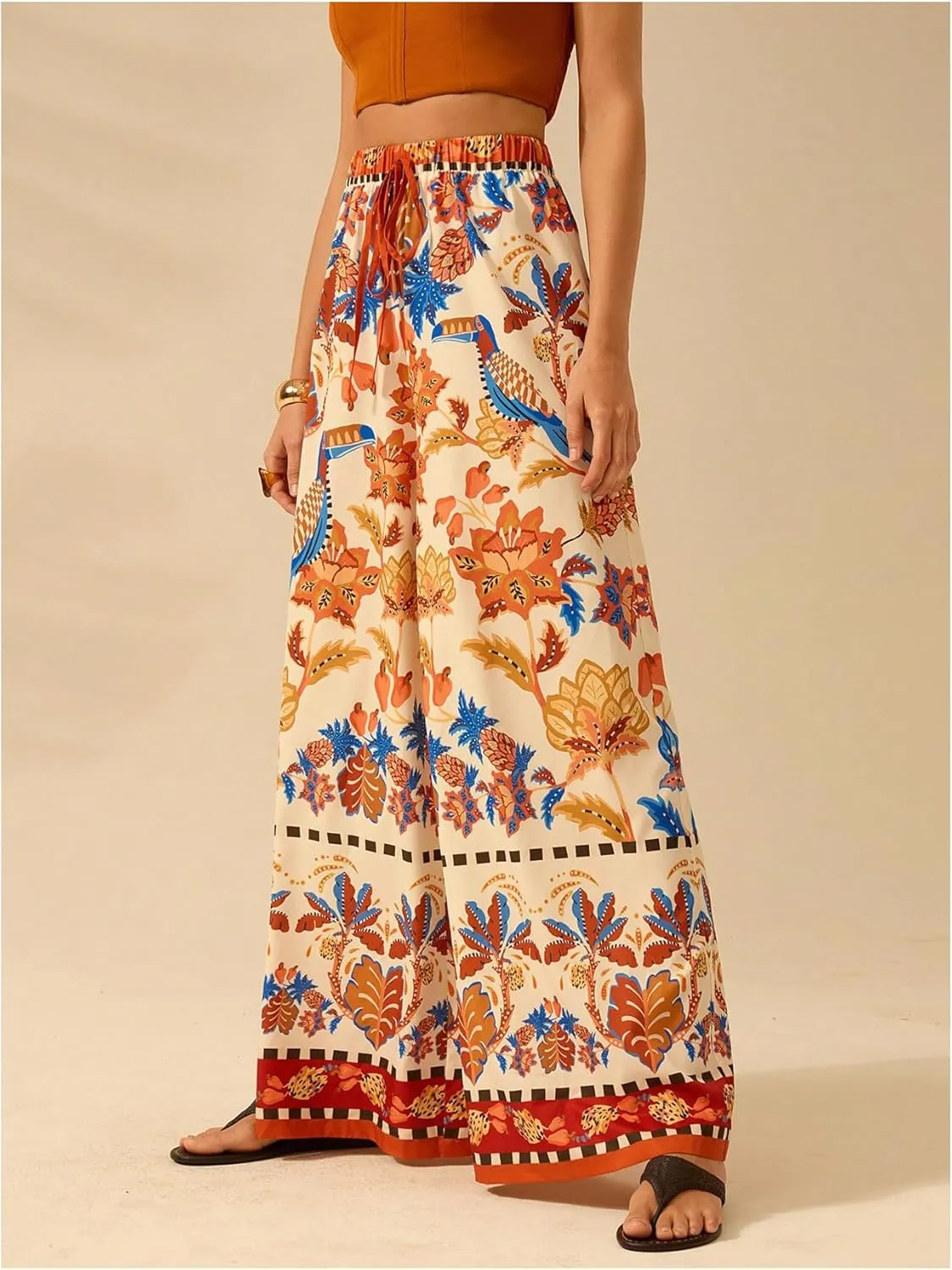 Women's Boho Palazzo Pants Floral Baggy Pants Flowy Vacation Wide Leg Pants Drawstring Beach High Waist Loose Trouser