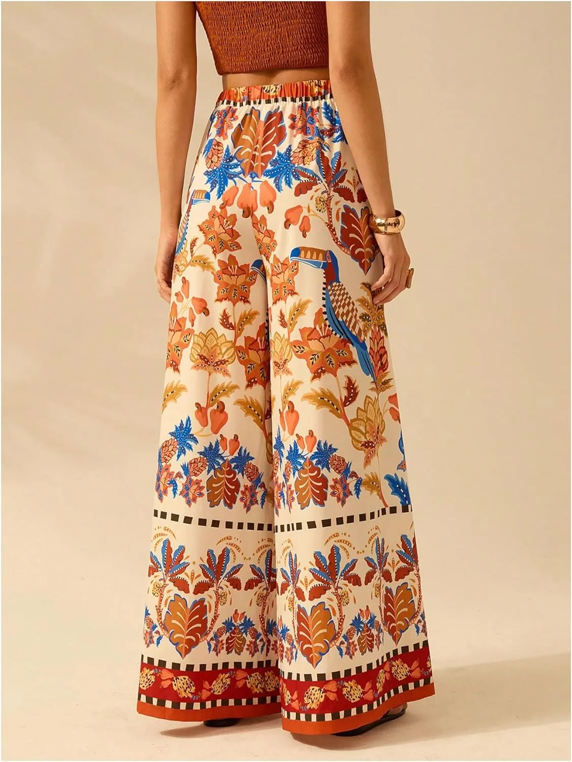 Women's Boho Palazzo Pants Floral Baggy Pants Flowy Vacation Wide Leg Pants Drawstring Beach High Waist Loose Trouser