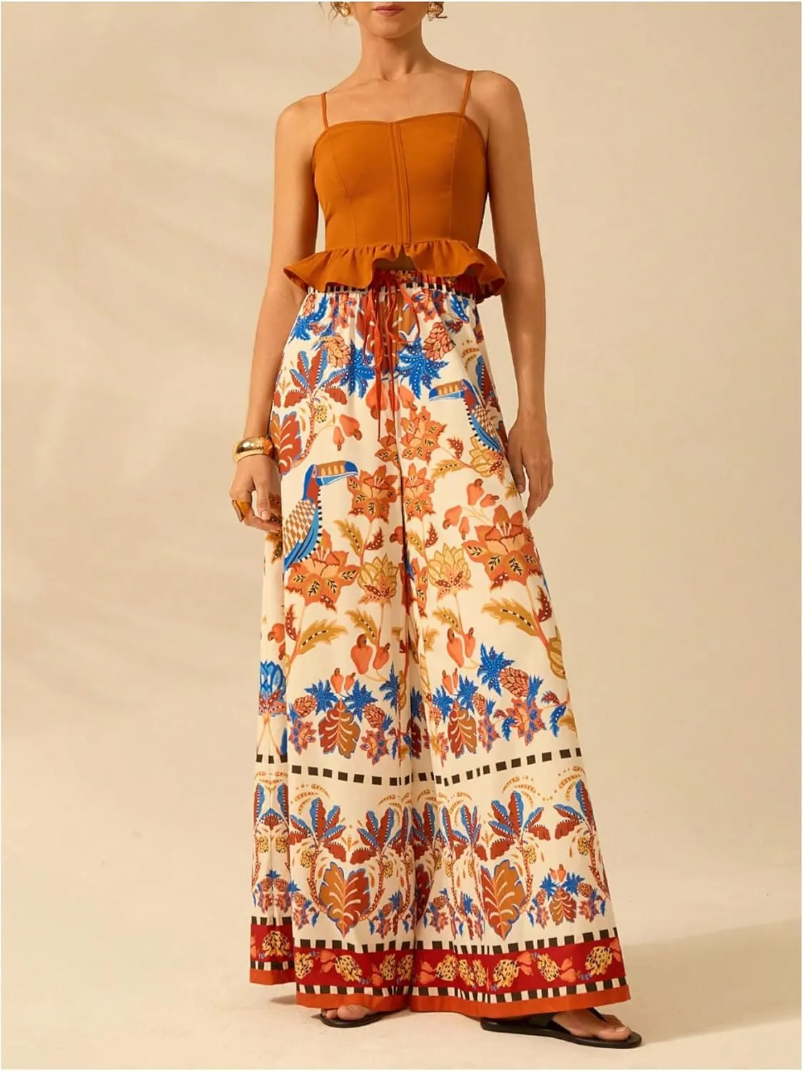Women's Boho Palazzo Pants Floral Baggy Pants Flowy Vacation Wide Leg Pants Drawstring Beach High Waist Loose Trouser