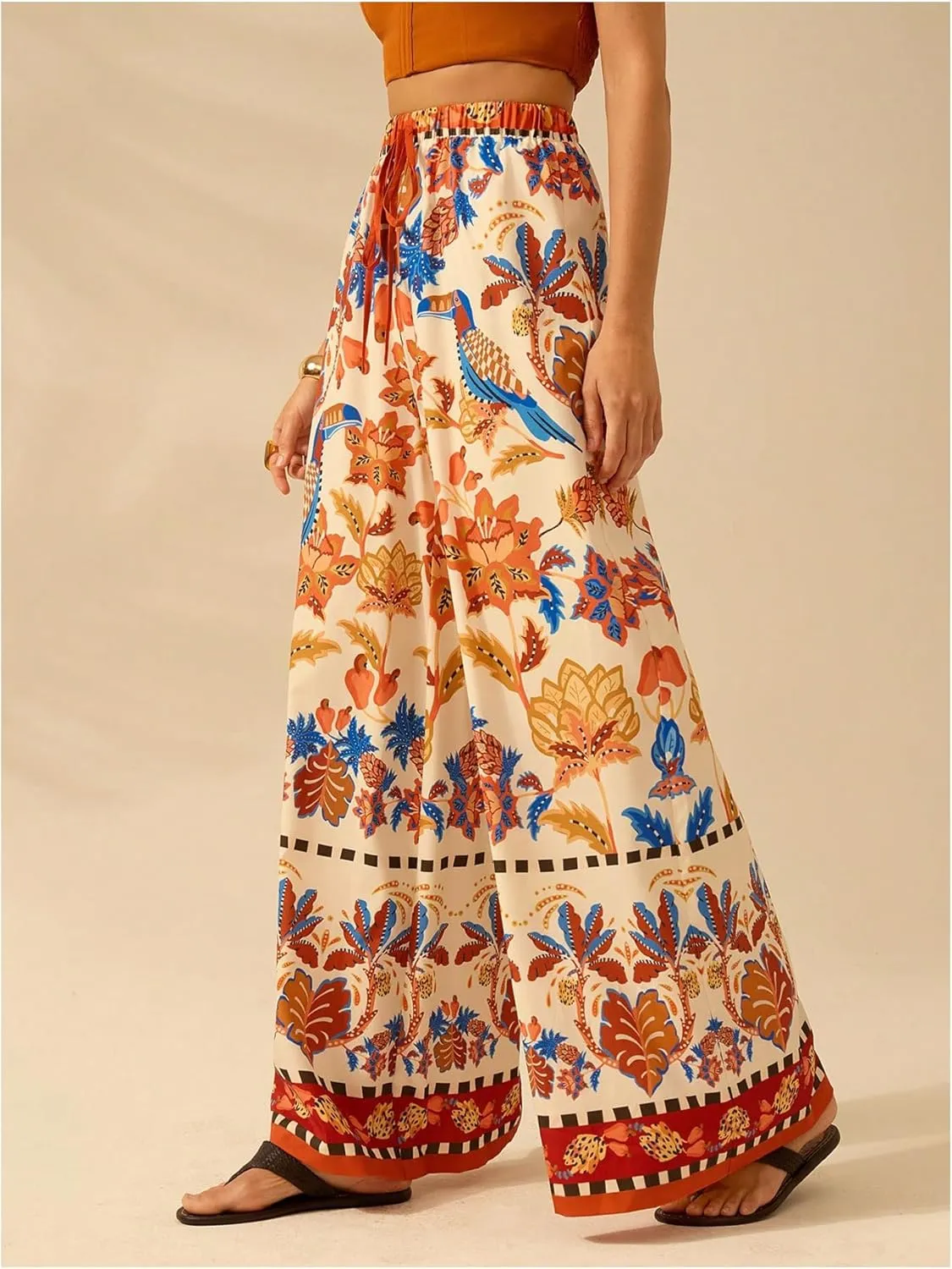 Women's Boho Palazzo Pants Floral Baggy Pants Flowy Vacation Wide Leg Pants Drawstring Beach High Waist Loose Trouser