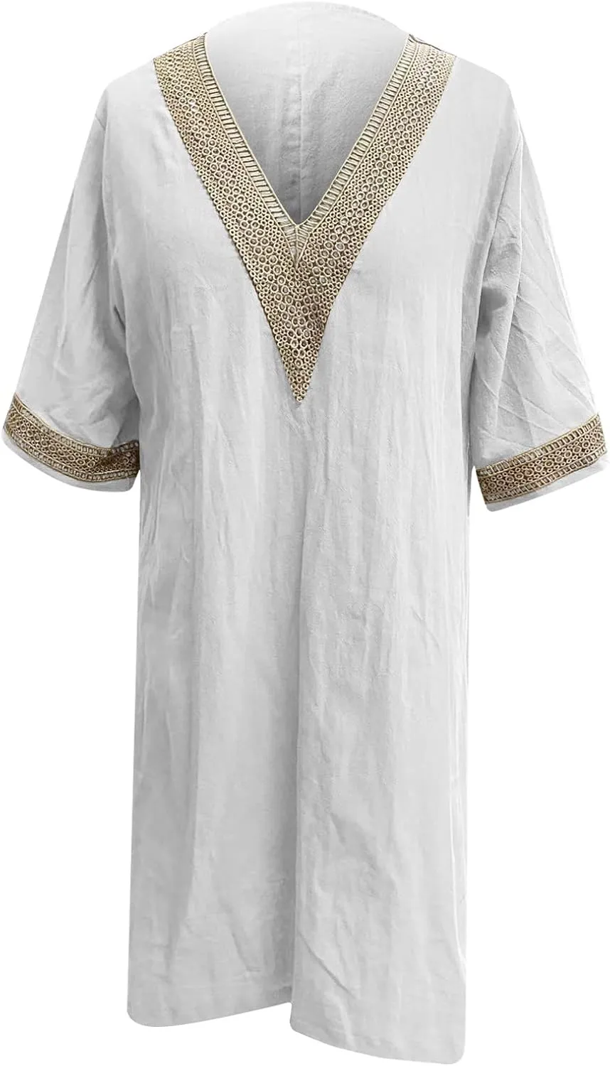 Women's Boho Tunic Dress V Neck 3/4 Sleeve Casual Loose Fit Summer Beach Dresses with Lace Trim Lightweight Sundress