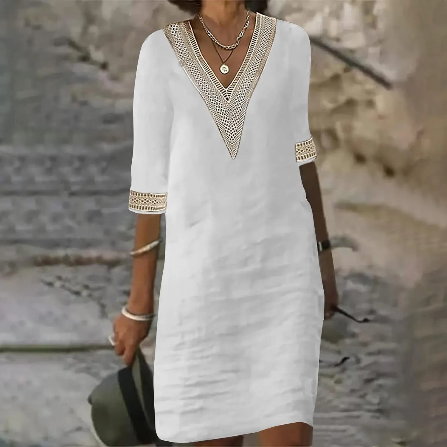 Women's Boho Tunic Dress V Neck 3/4 Sleeve Casual Loose Fit Summer Beach Dresses with Lace Trim Lightweight Sundress