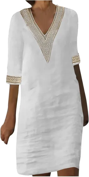 Women's Boho Tunic Dress V Neck 3/4 Sleeve Casual Loose Fit Summer Beach Dresses with Lace Trim Lightweight Sundress
