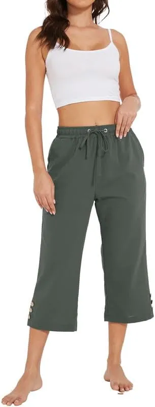 Womens Capris Pants High Waist Drawstring Comfy Casual Pants Lightweight Loose Trousers Buttons Trim with Pockets