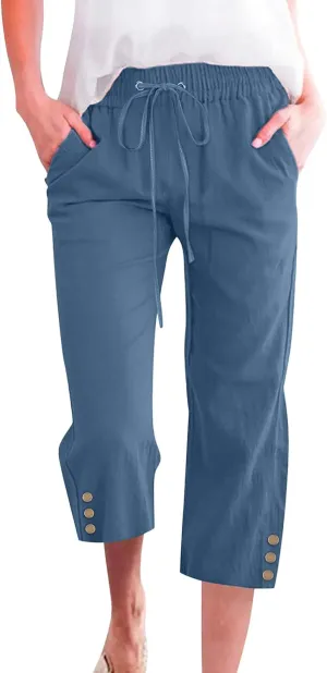 Womens Capris Pants High Waist Drawstring Comfy Casual Pants Lightweight Loose Trousers Buttons Trim with Pockets