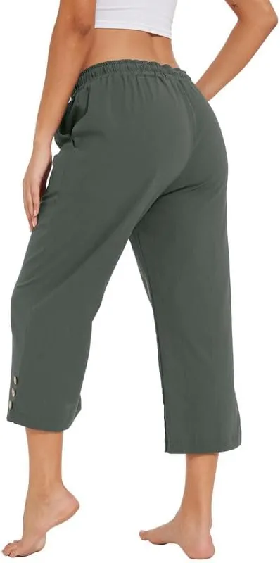 Womens Capris Pants High Waist Drawstring Comfy Casual Pants Lightweight Loose Trousers Buttons Trim with Pockets