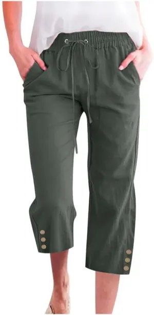 Womens Capris Pants High Waist Drawstring Comfy Casual Pants Lightweight Loose Trousers Buttons Trim with Pockets