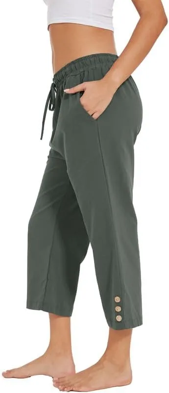 Womens Capris Pants High Waist Drawstring Comfy Casual Pants Lightweight Loose Trousers Buttons Trim with Pockets