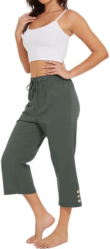 Womens Capris Pants High Waist Drawstring Comfy Casual Pants Lightweight Loose Trousers Buttons Trim with Pockets