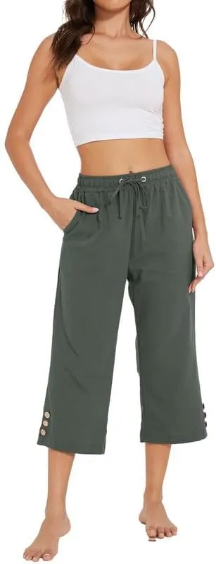 Womens Capris Pants High Waist Drawstring Comfy Casual Pants Lightweight Loose Trousers Buttons Trim with Pockets