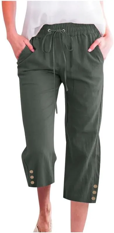 Womens Capris Pants High Waist Drawstring Comfy Casual Pants Lightweight Loose Trousers Buttons Trim with Pockets