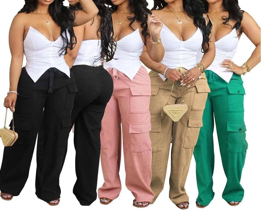 Women's Casual Corduroy Pants 2024 Wide Leg High Waisted Baggy Cargo with Pockets Streetwear Trouser