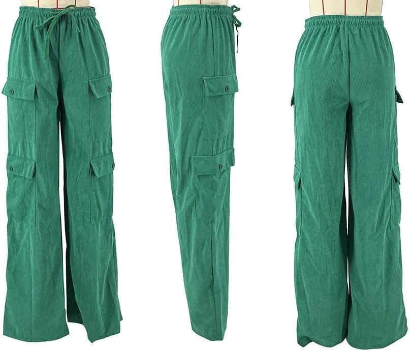 Women's Casual Corduroy Pants 2024 Wide Leg High Waisted Baggy Cargo with Pockets Streetwear Trouser
