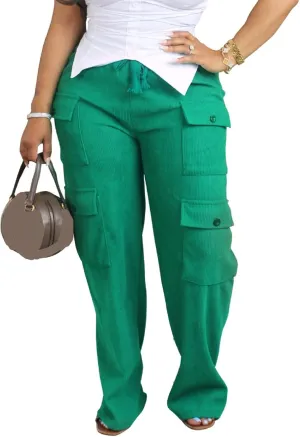 Women's Casual Corduroy Pants 2024 Wide Leg High Waisted Baggy Cargo with Pockets Streetwear Trouser