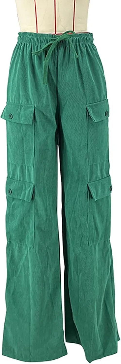 Women's Casual Corduroy Pants 2024 Wide Leg High Waisted Baggy Cargo with Pockets Streetwear Trouser