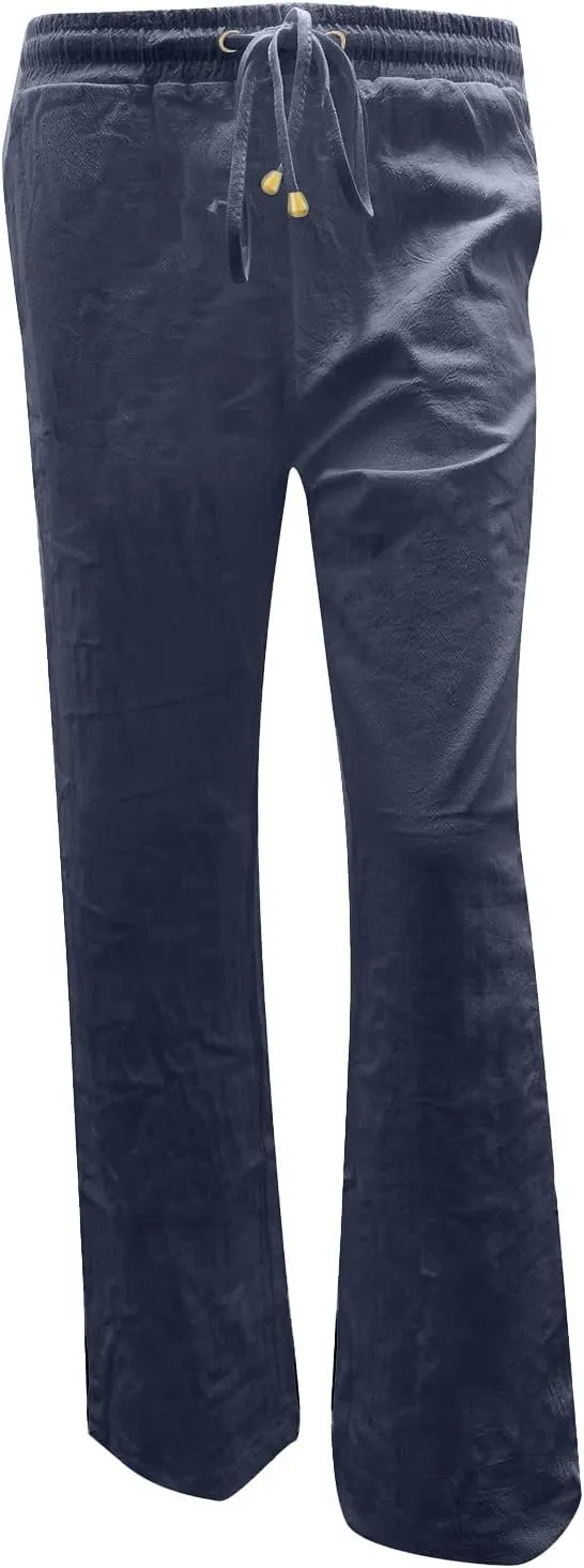 Womens Casual Cotton Linen Pants Lightweight Straight Leg Elastic Drawstring Trousers Summer Loose Fit Lounge Pants