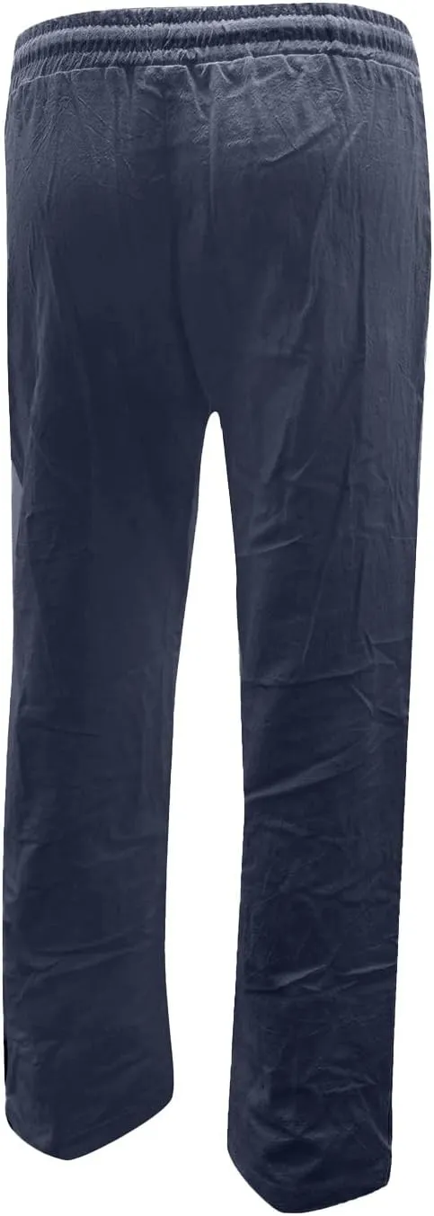 Womens Casual Cotton Linen Pants Lightweight Straight Leg Elastic Drawstring Trousers Summer Loose Fit Lounge Pants