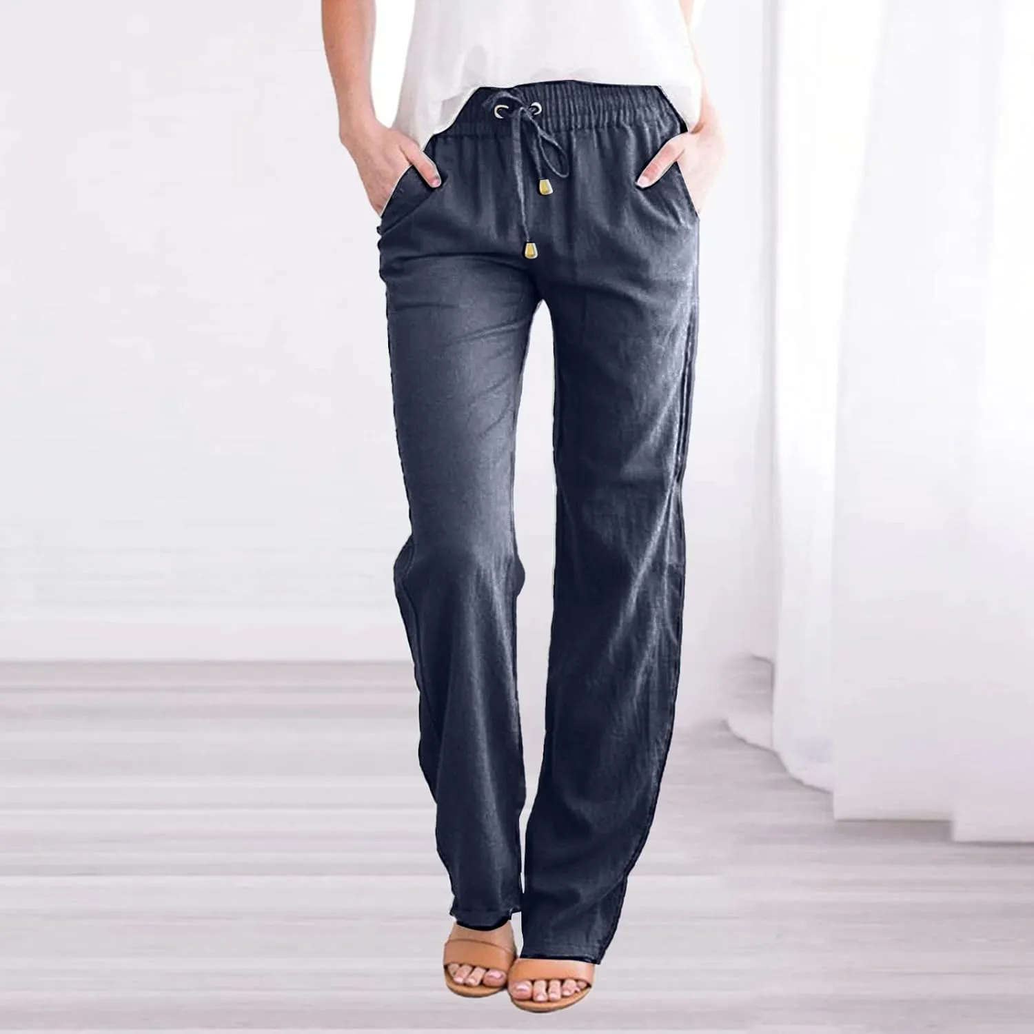 Womens Casual Cotton Linen Pants Lightweight Straight Leg Elastic Drawstring Trousers Summer Loose Fit Lounge Pants
