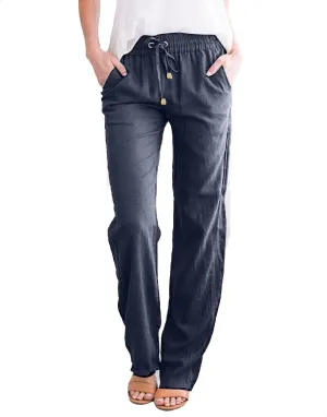 Womens Casual Cotton Linen Pants Lightweight Straight Leg Elastic Drawstring Trousers Summer Loose Fit Lounge Pants