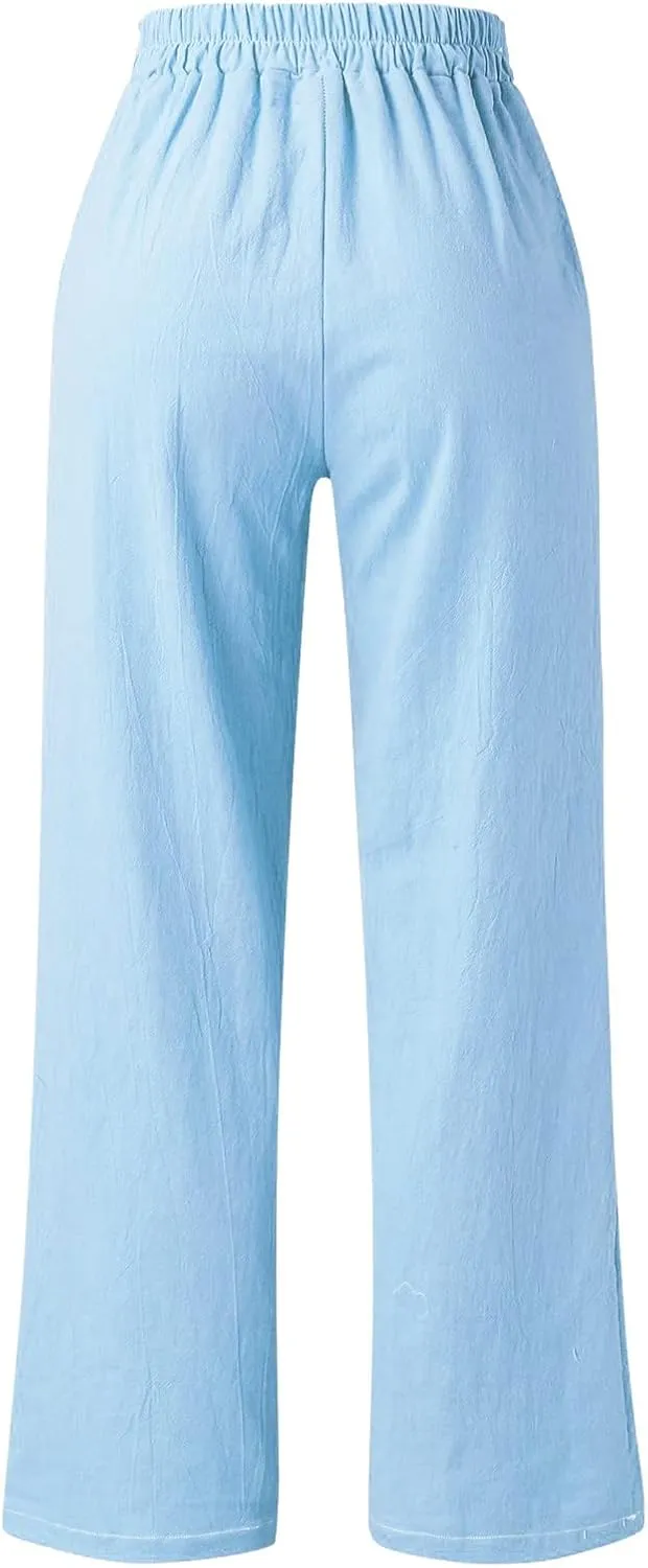 Womens Casual Solid Color Loose Pockets Elastic Belt Waist Pants Long Trousers Slim Pants for Women
