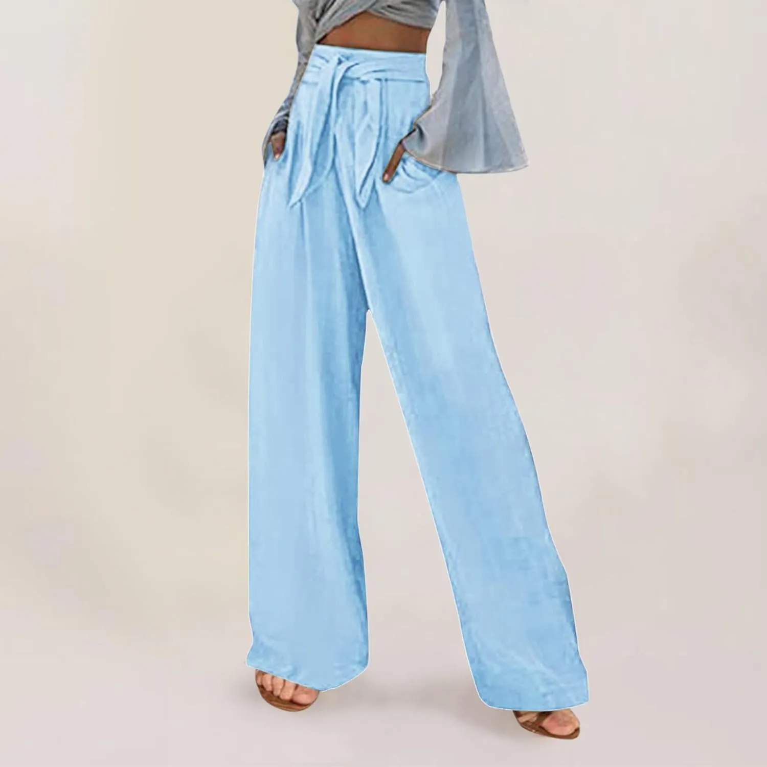 Womens Casual Solid Color Loose Pockets Elastic Belt Waist Pants Long Trousers Slim Pants for Women