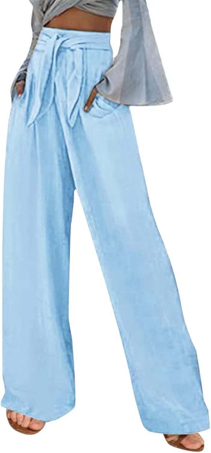 Womens Casual Solid Color Loose Pockets Elastic Belt Waist Pants Long Trousers Slim Pants for Women