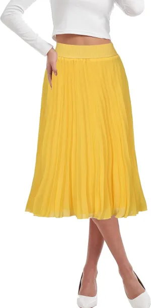 Womens Chiffon High Waist Skirt Pleated A-Line Swing Elastic Shirring Midi Length