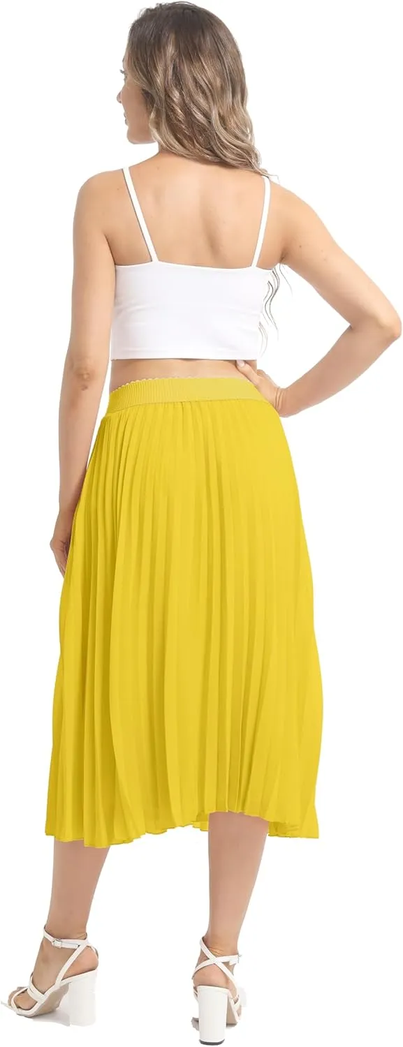 Womens Chiffon High Waist Skirt Pleated A-Line Swing Elastic Shirring Midi Length
