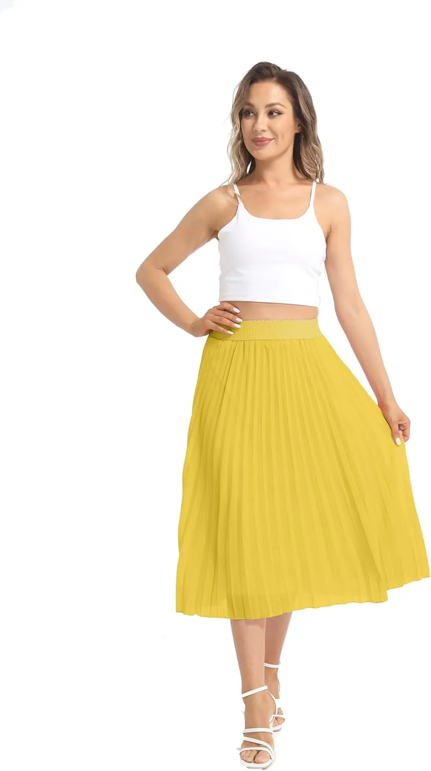 Womens Chiffon High Waist Skirt Pleated A-Line Swing Elastic Shirring Midi Length