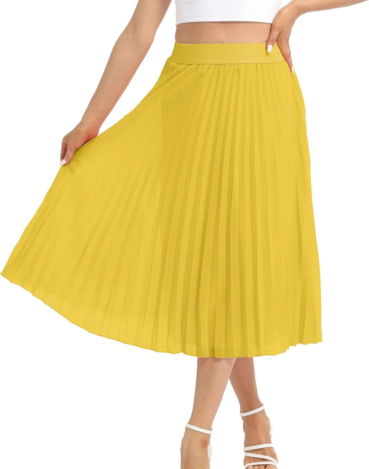 Womens Chiffon High Waist Skirt Pleated A-Line Swing Elastic Shirring Midi Length