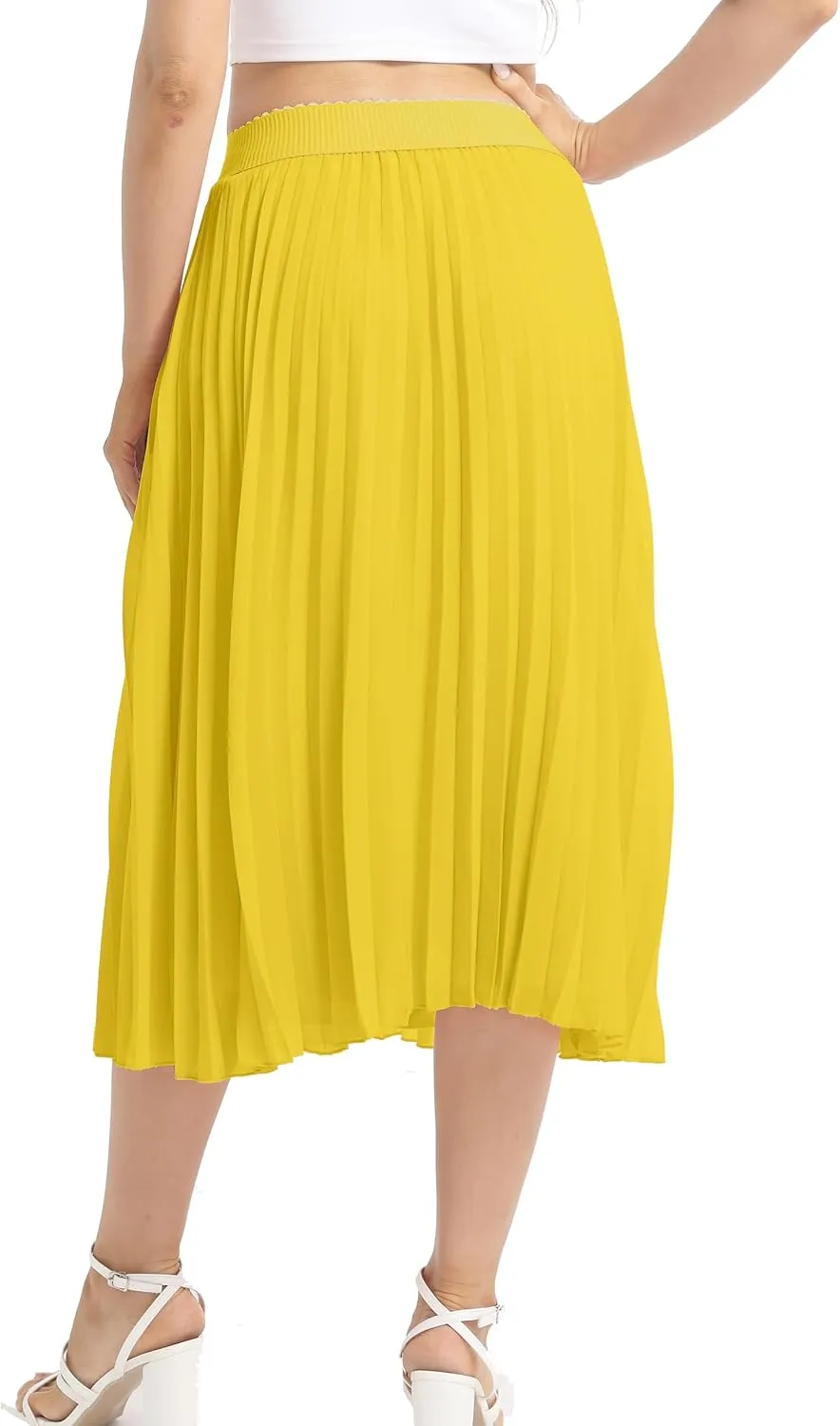Womens Chiffon High Waist Skirt Pleated A-Line Swing Elastic Shirring Midi Length
