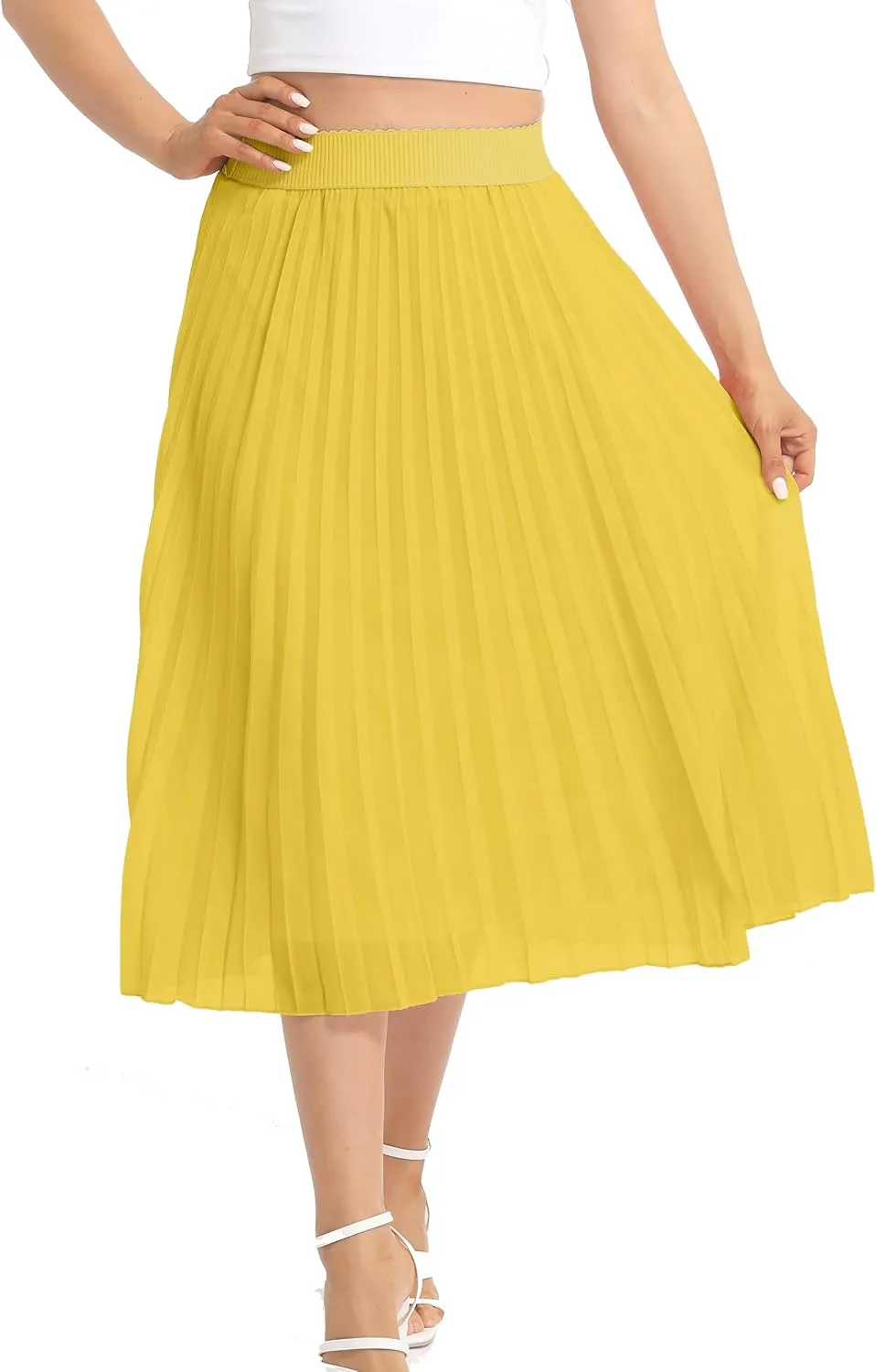 Womens Chiffon High Waist Skirt Pleated A-Line Swing Elastic Shirring Midi Length
