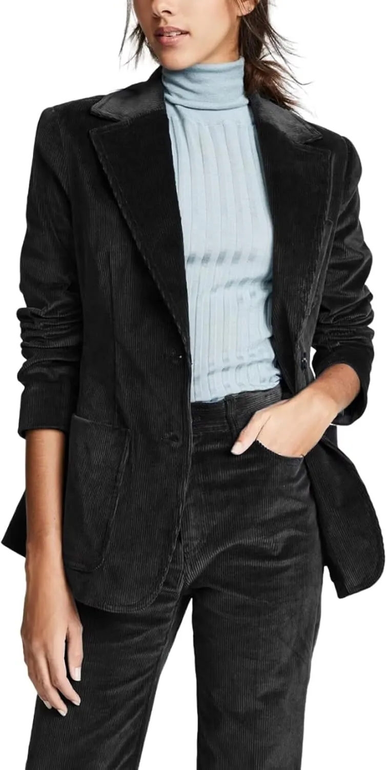 Women's Corduroy 2 Piece Suit Solid Blazer with Pocket Pants Set Outfits