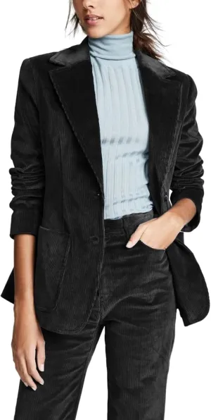 Women's Corduroy 2 Piece Suit Solid Blazer with Pocket Pants Set Outfits