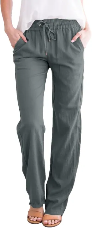 Womens Cotton Linen Casual Pants Straight Leg Drawstring Elastic High Waist Loose Comfy Palazzo Lounge Travel Cropped Trouser