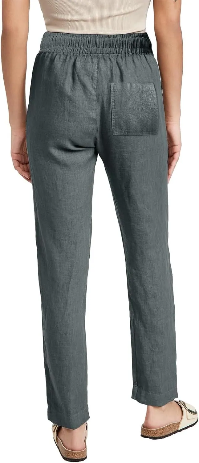Womens Cotton Linen Casual Pants Straight Leg Drawstring Elastic High Waist Loose Comfy Palazzo Lounge Travel Cropped Trouser