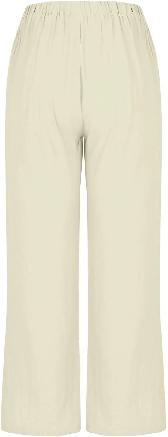 Women's Cotton Linen Pants Drawstring Waist Wide Leg Lightweight Casual Palazzo Trousers Summer Beach Pants
