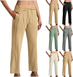 Women's Cotton Linen Pants Drawstring Waist Wide Leg Lightweight Casual Palazzo Trousers Summer Beach Pants