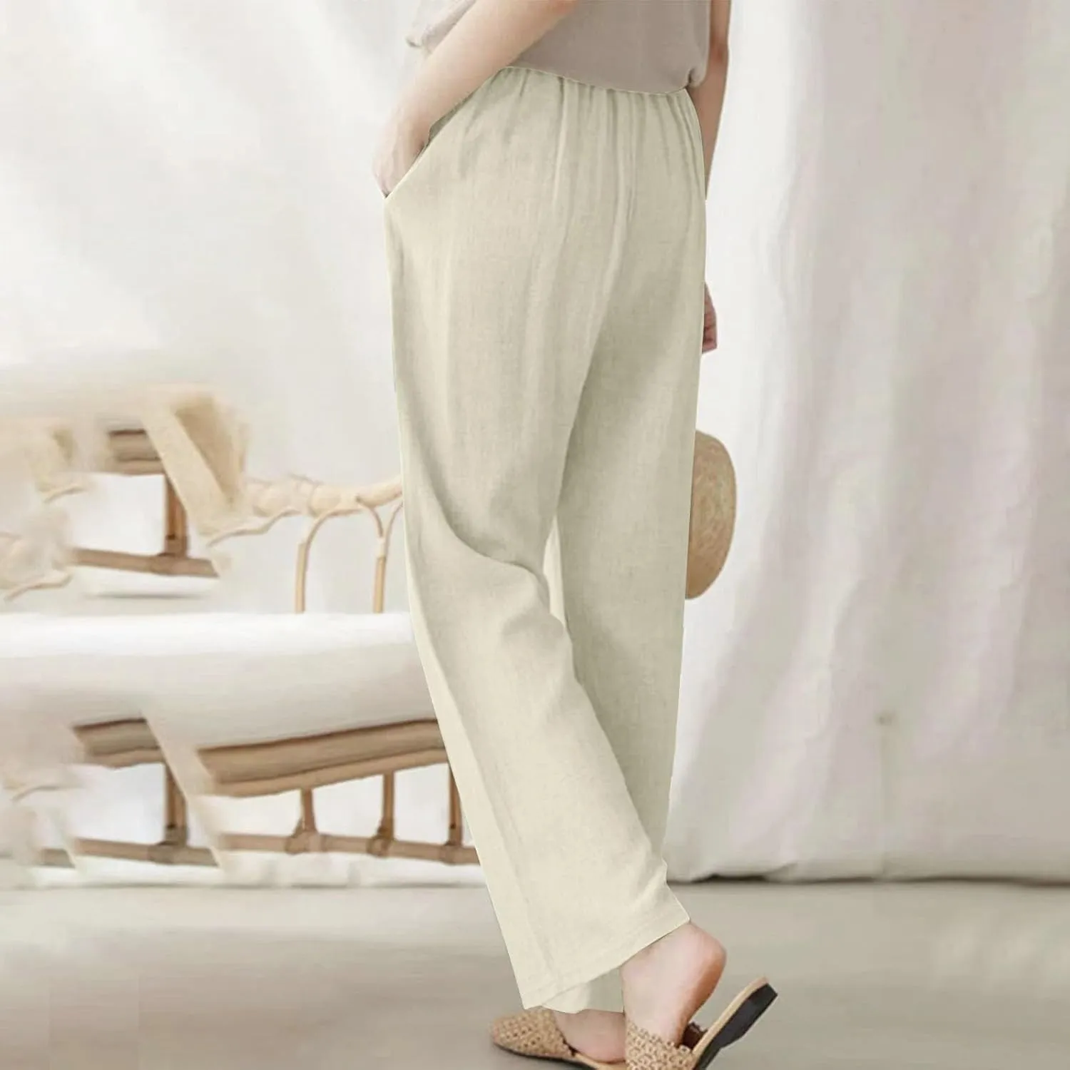 Women's Cotton Linen Pants Drawstring Waist Wide Leg Lightweight Casual Palazzo Trousers Summer Beach Pants