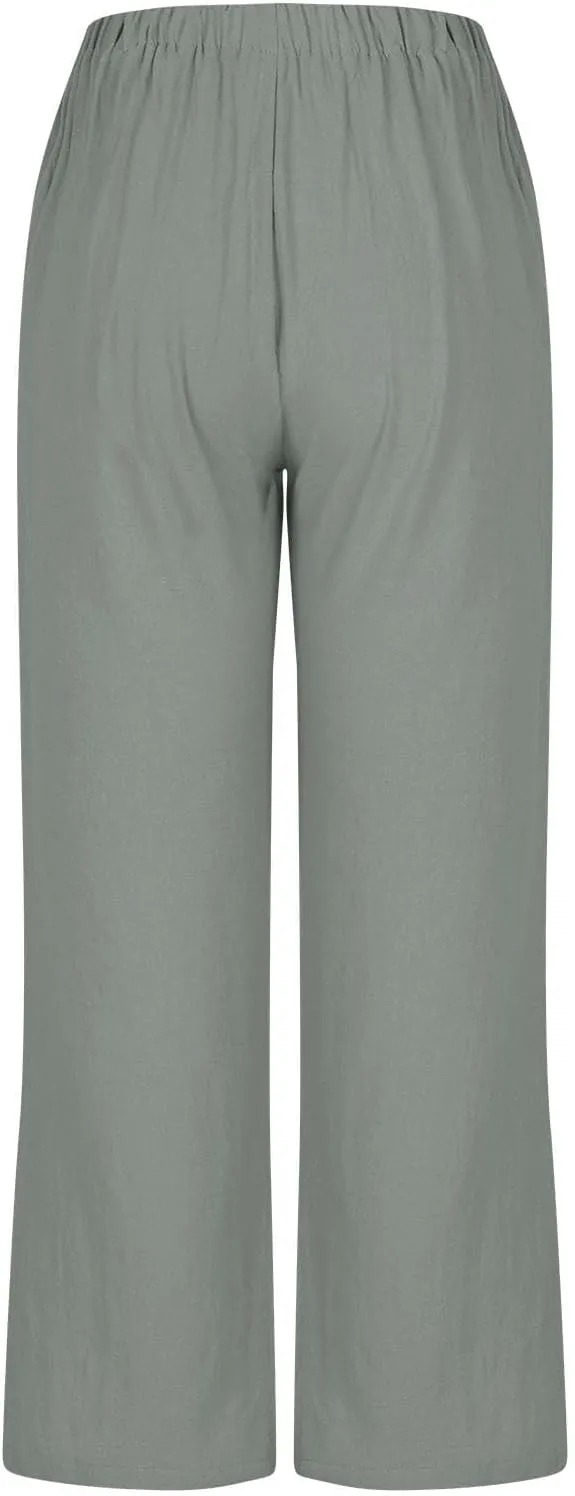 Women's Cotton Linen Pants Drawstring Waist Wide Leg Lightweight Casual Palazzo Trousers Summer Beach Pants