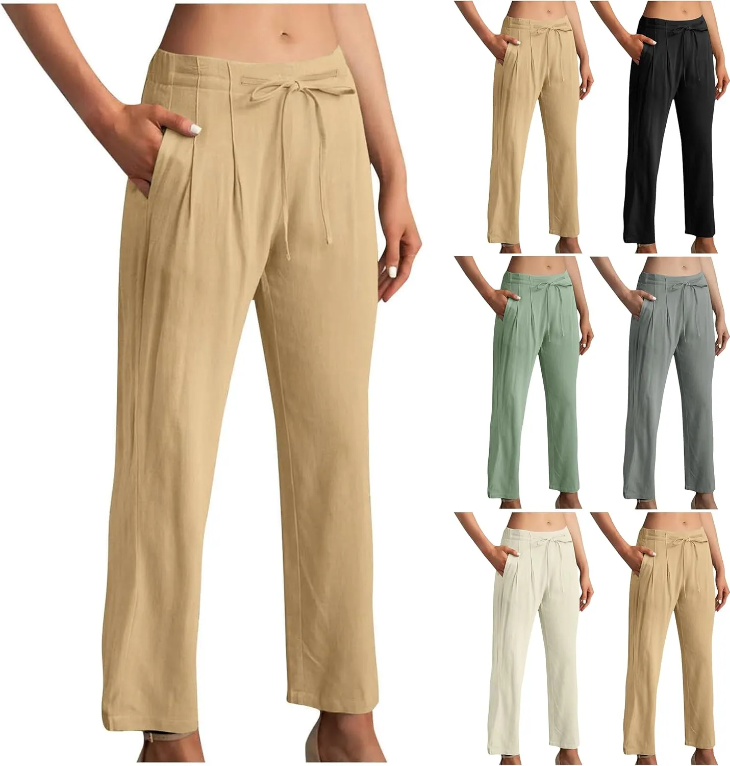 Women's Cotton Linen Pants Drawstring Waist Wide Leg Lightweight Casual Palazzo Trousers Summer Beach Pants