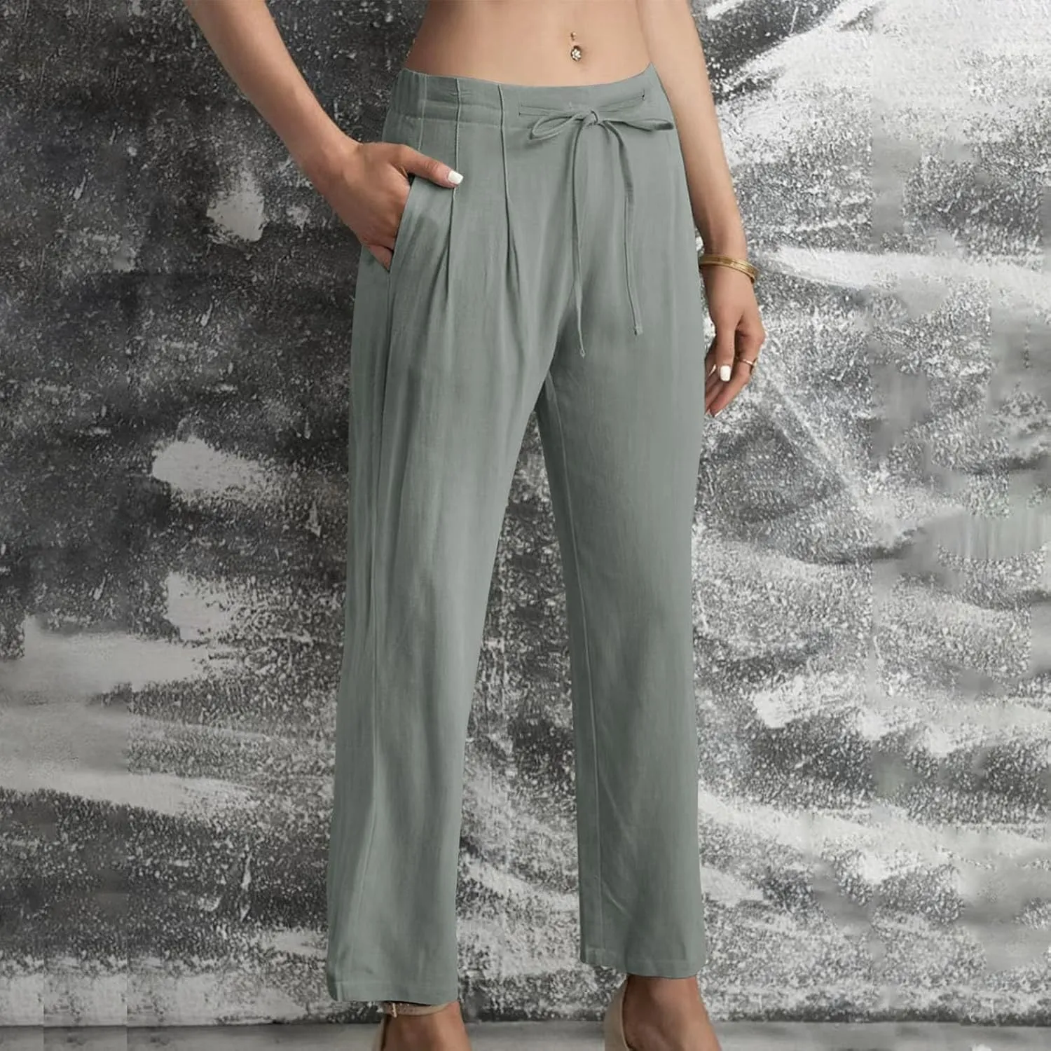 Women's Cotton Linen Pants Drawstring Waist Wide Leg Lightweight Casual Palazzo Trousers Summer Beach Pants
