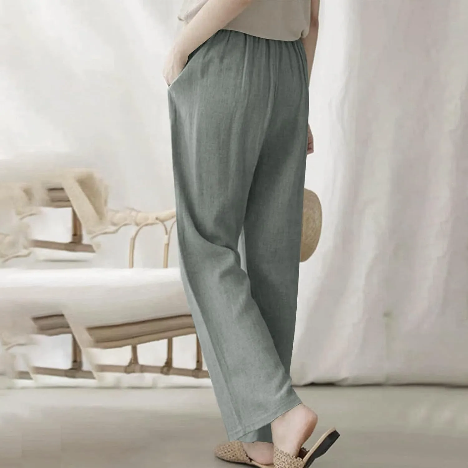 Women's Cotton Linen Pants Drawstring Waist Wide Leg Lightweight Casual Palazzo Trousers Summer Beach Pants