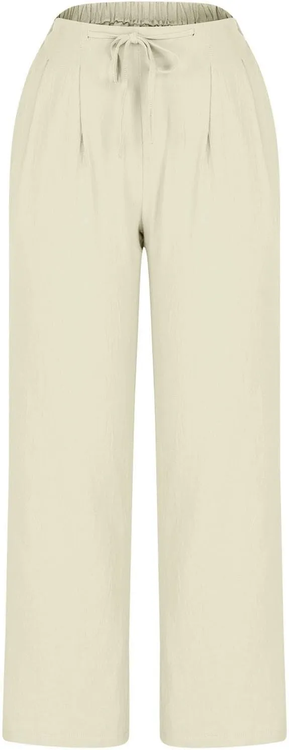 Women's Cotton Linen Pants Drawstring Waist Wide Leg Lightweight Casual Palazzo Trousers Summer Beach Pants